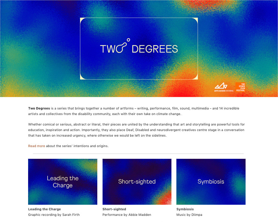 Landing page of Two Degrees multi-artform series
